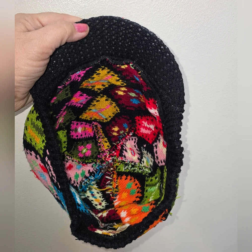 Zwicker Vintage Granny Square Hat Patchwork Pom Pom Crochet Festival Retro